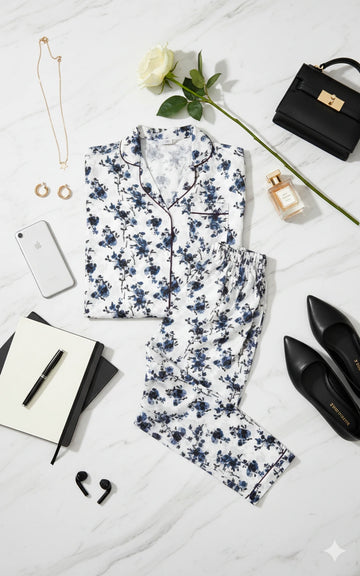 Floral White & Blue Sleepsuit for Women